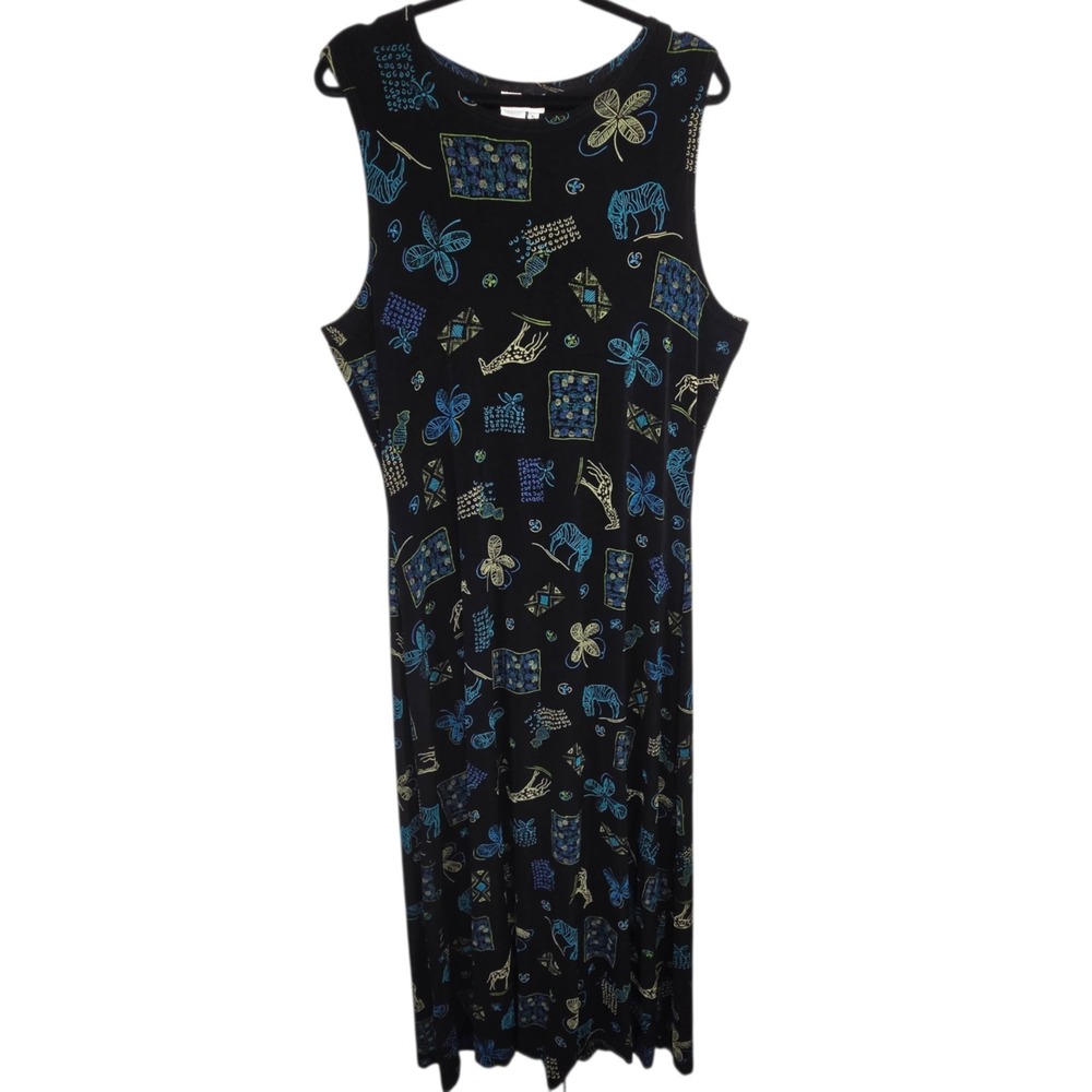 Vintage Womens 90s‎ Black Safari Animal Shift Maxi Dress SZ XL Artsy USA Y2K